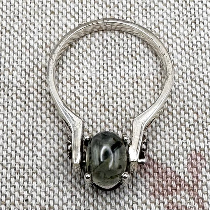 Spinner ring with moss agate & black onyx, size T/9.5