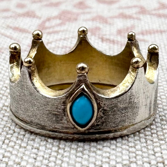 Handcrafted crown ring – silver with turquoise & golden highlights, hallmarked Birmingham 1997, size M/6