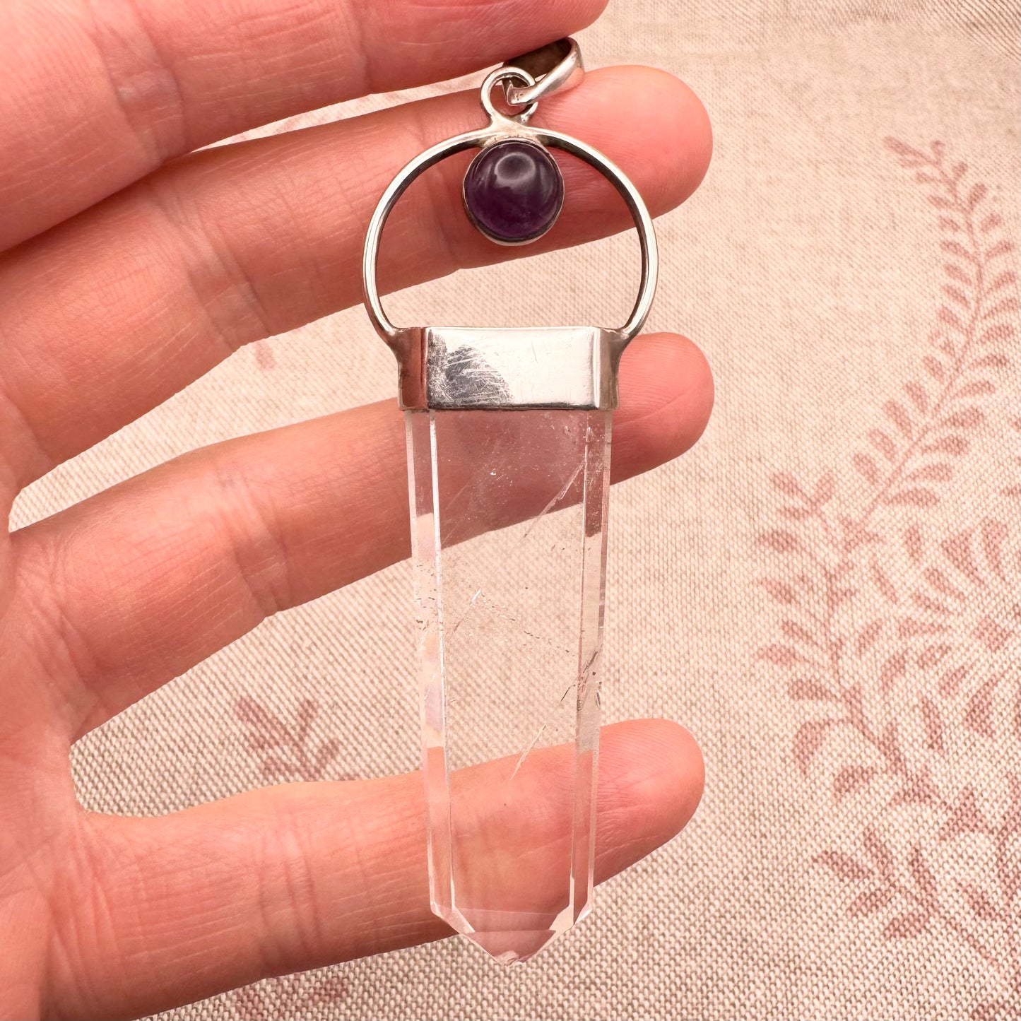Silver pendant with clear quartz and amethyst