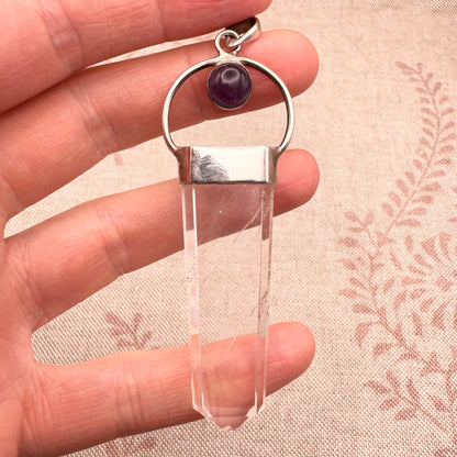 Silver pendant with clear quartz and amethyst