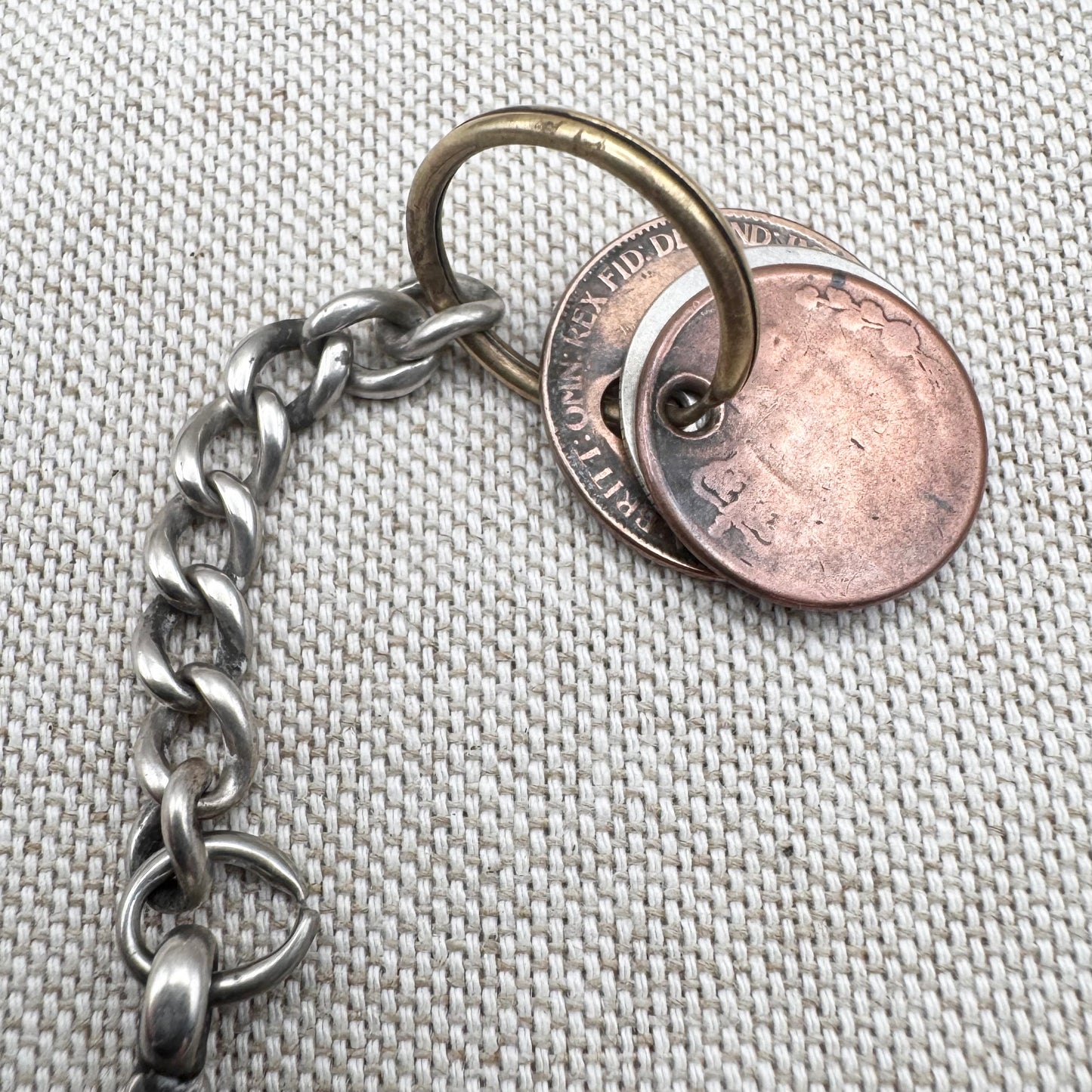 Edwardian silver medallion keyring with historic coin charms, hallmarked Birmingham 1906