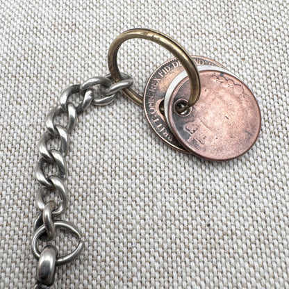 Edwardian silver medallion keyring with historic coin charms, hallmarked Birmingham 1906