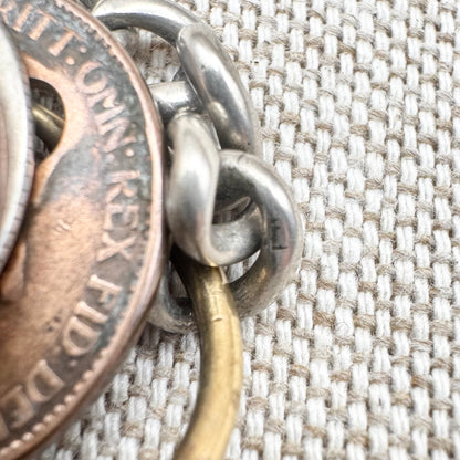 Edwardian silver medallion keyring with historic coin charms, hallmarked Birmingham 1906