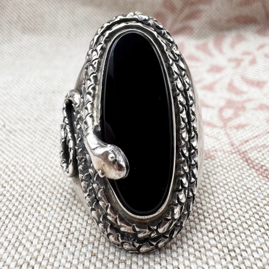 Black onyx snake ring in sterling silver by 'Gypsy Silver', size O (US 7), hallmarked London 2022