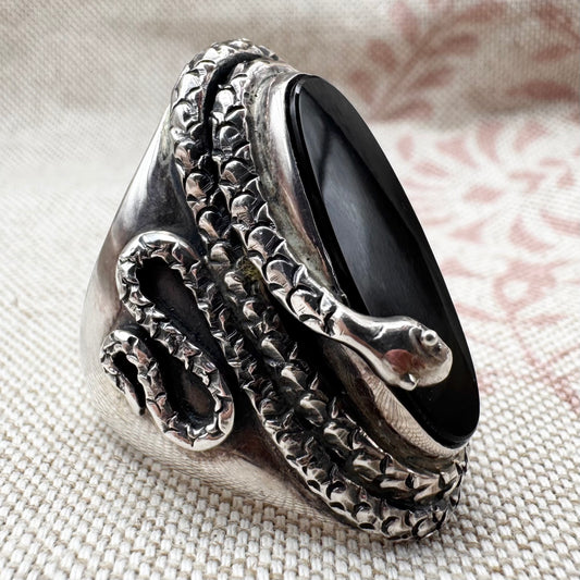 Black onyx snake ring in sterling silver by 'Gypsy Silver', size O (US 7), hallmarked London 2022