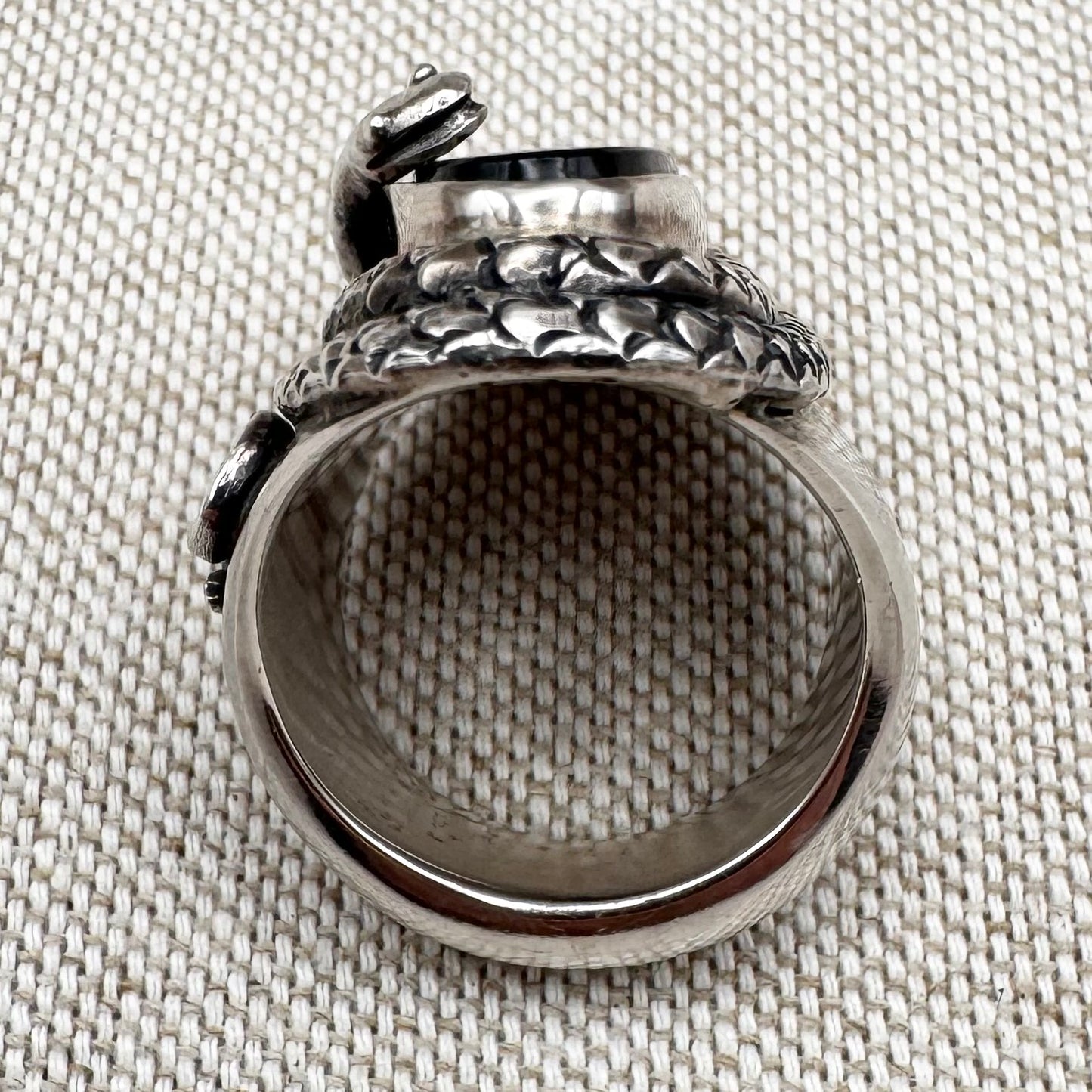 Black onyx snake ring in sterling silver by 'Gypsy Silver', size O (US 7), hallmarked London 2022