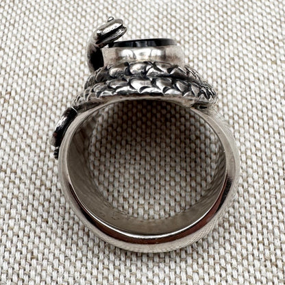 Black onyx snake ring in sterling silver by 'Gypsy Silver', size O (US 7), hallmarked London 2022