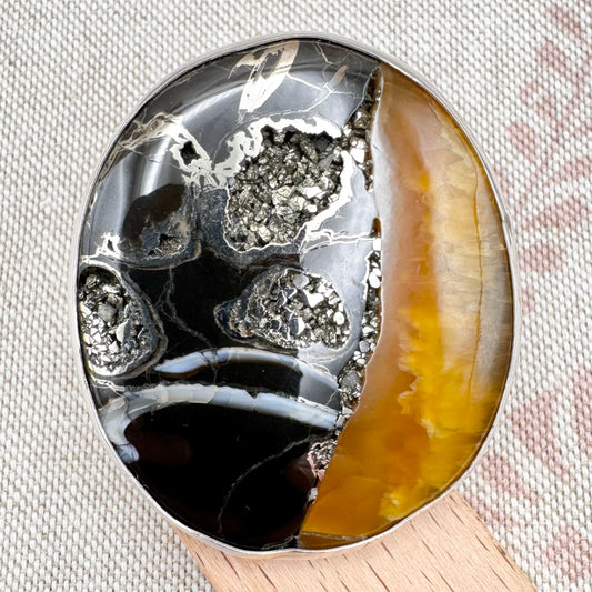 Pyrite and calcite ring silver ring by 'Bauble and Hoop', hallmarked London 2023, size T (US 9.5)