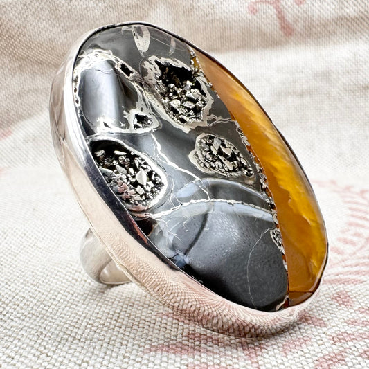 Pyrite and calcite ring silver ring by 'Bauble and Hoop', hallmarked London 2023, size T (US 9.5)