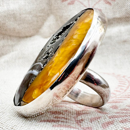 Pyrite and calcite ring silver ring by 'Bauble and Hoop', hallmarked London 2023, size T (US 9.5)