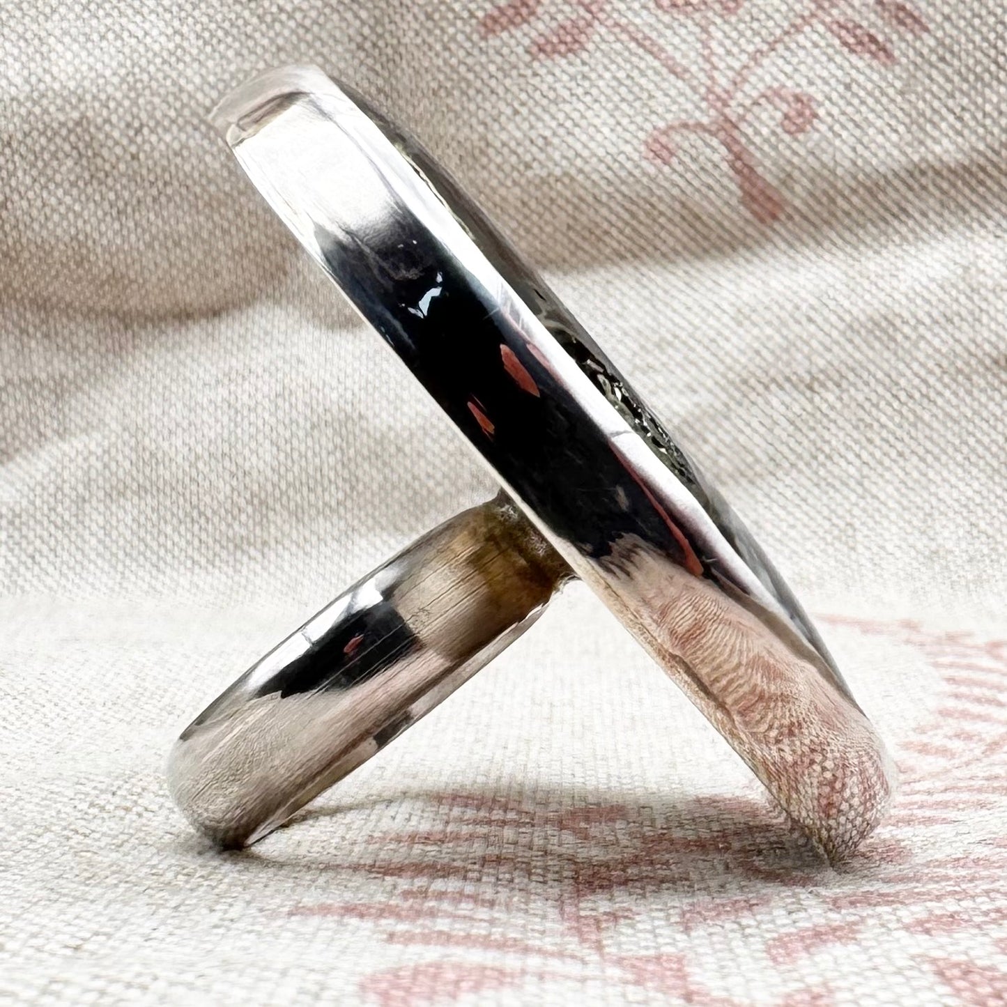 Pyrite and calcite ring silver ring by 'Bauble and Hoop', hallmarked London 2023, size T (US 9.5)