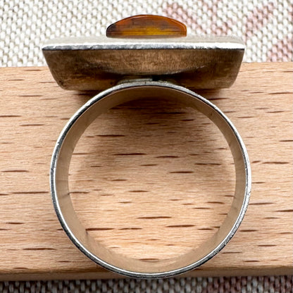 Vintage Polish silver amber ring with Gdańsk silver marks, size O (US 7)