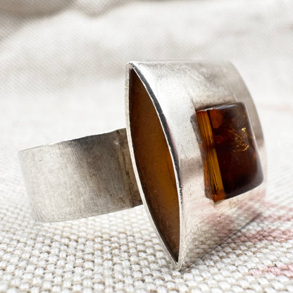 Vintage Polish silver amber ring with Gdańsk silver marks, size O (US 7)