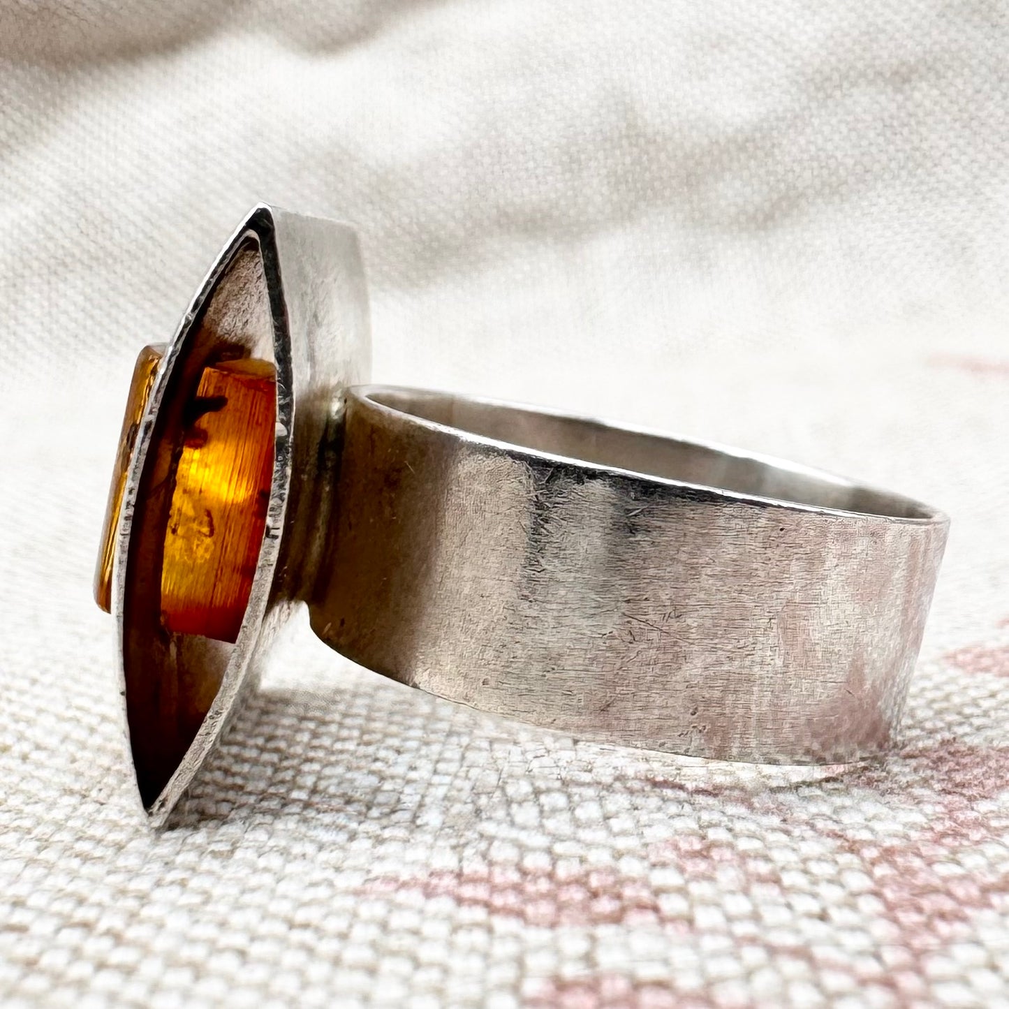 Vintage Polish silver amber ring with Gdańsk silver marks, size O (US 7)