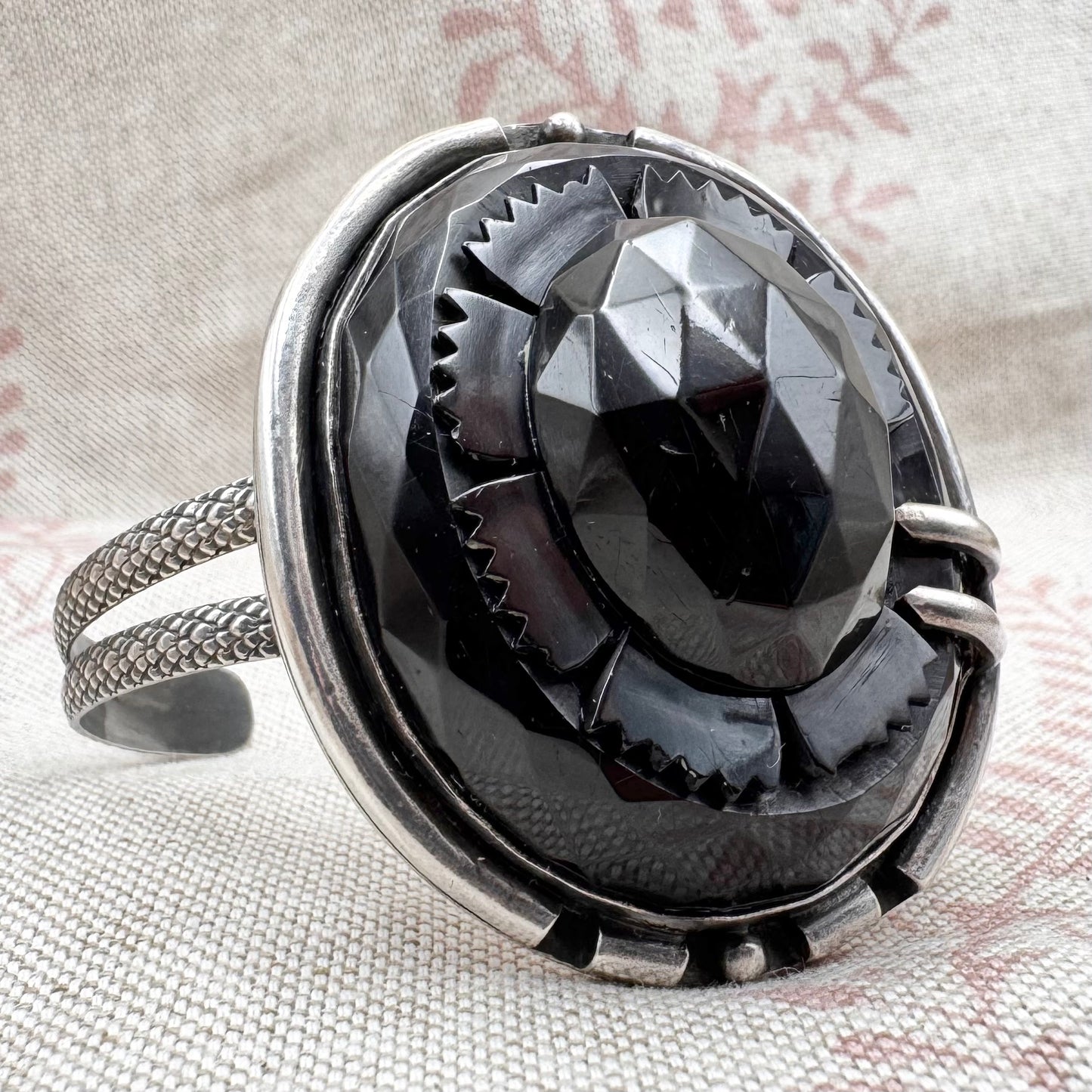 Silver and carved black stone cuff bracelet, hallmarked London 2022