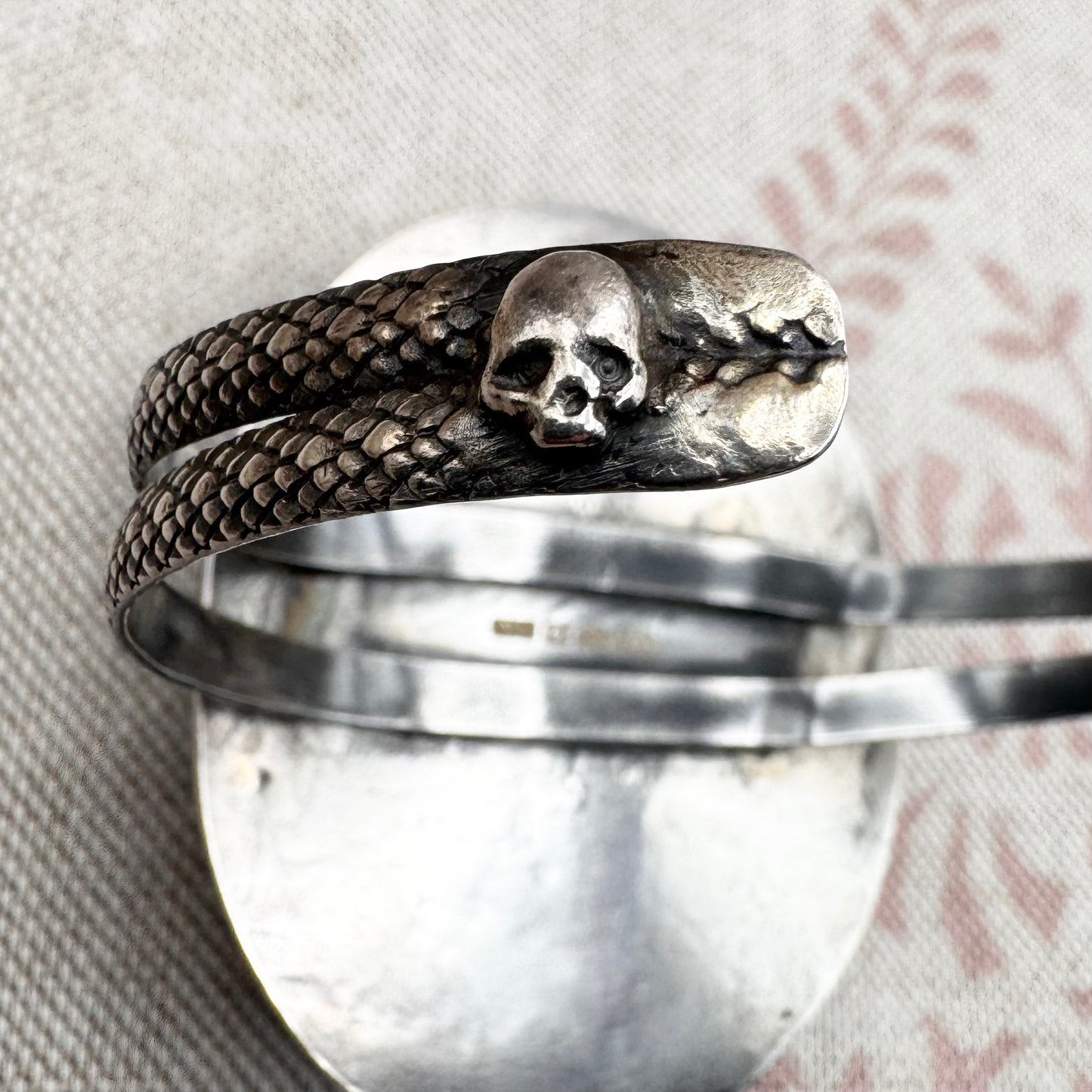 Silver and carved black stone cuff bracelet, hallmarked London 2022