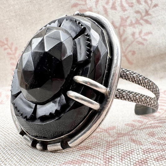 Silver and carved black stone cuff bracelet, hallmarked London 2022