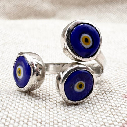 Silver triple 'evil eye' ring, size M (US 6) - adjustable