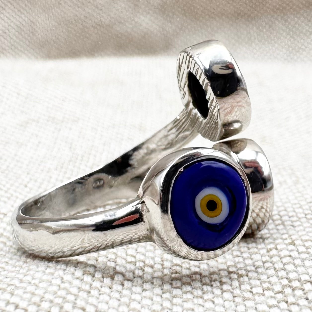 Silver triple 'evil eye' ring, size M (US 6) - adjustable