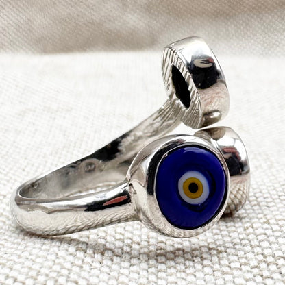 Silver triple 'evil eye' ring, size M (US 6) - adjustable