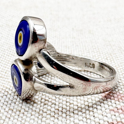 Silver triple 'evil eye' ring, size M (US 6) - adjustable