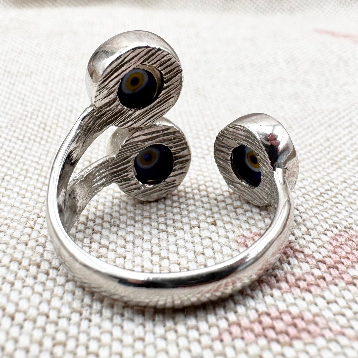 Silver triple 'evil eye' ring, size M (US 6) - adjustable