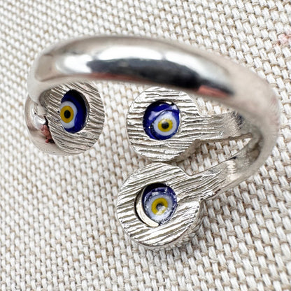 Silver triple 'evil eye' ring, size M (US 6) - adjustable