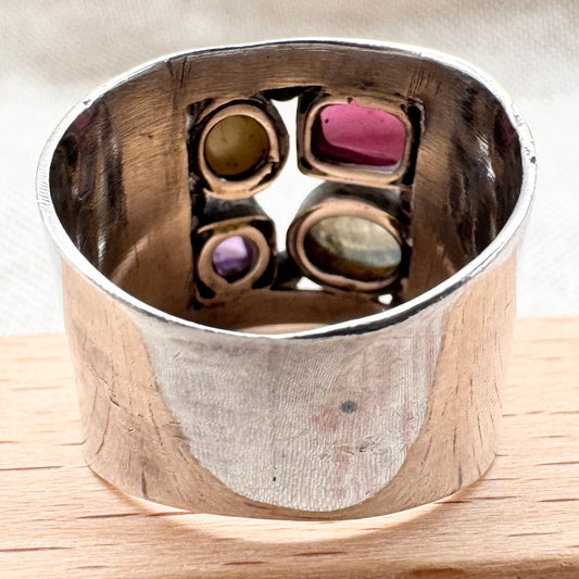 Vintage silver ring with garnet, labradorite, amethyst & pearl, size Q.5 (US 8.5)