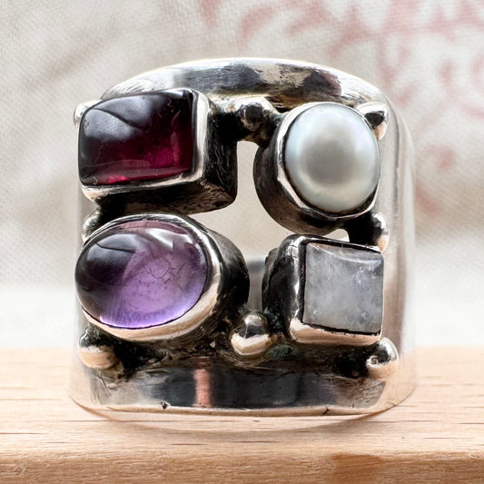 Vintage silver ring with garnet, amethyst, moonstone & pearl, size P (US 7.5)