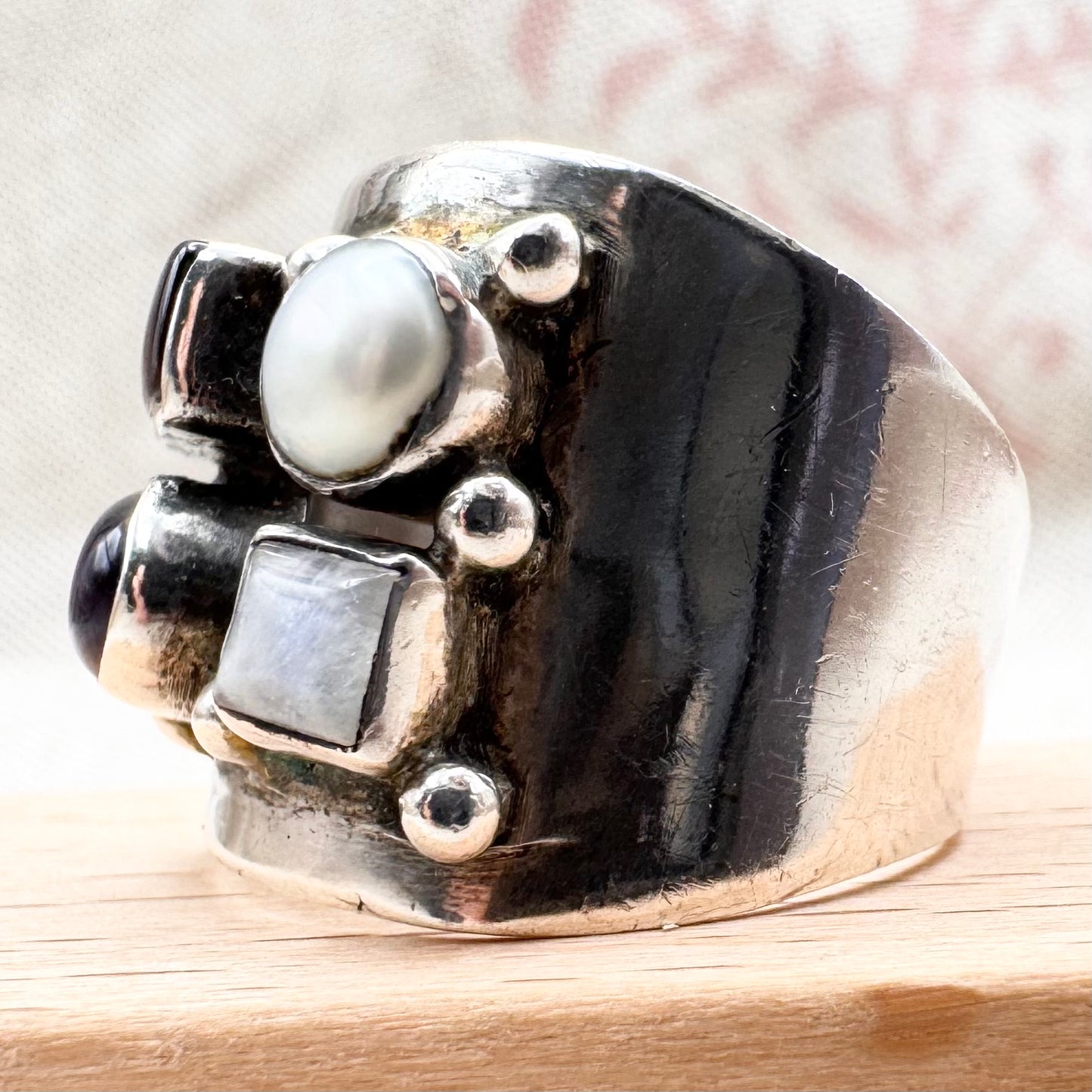 Vintage silver ring with garnet, amethyst, moonstone & pearl, size P (US 7.5)