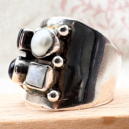 Vintage silver ring with garnet, amethyst, moonstone & pearl, size P (US 7.5)