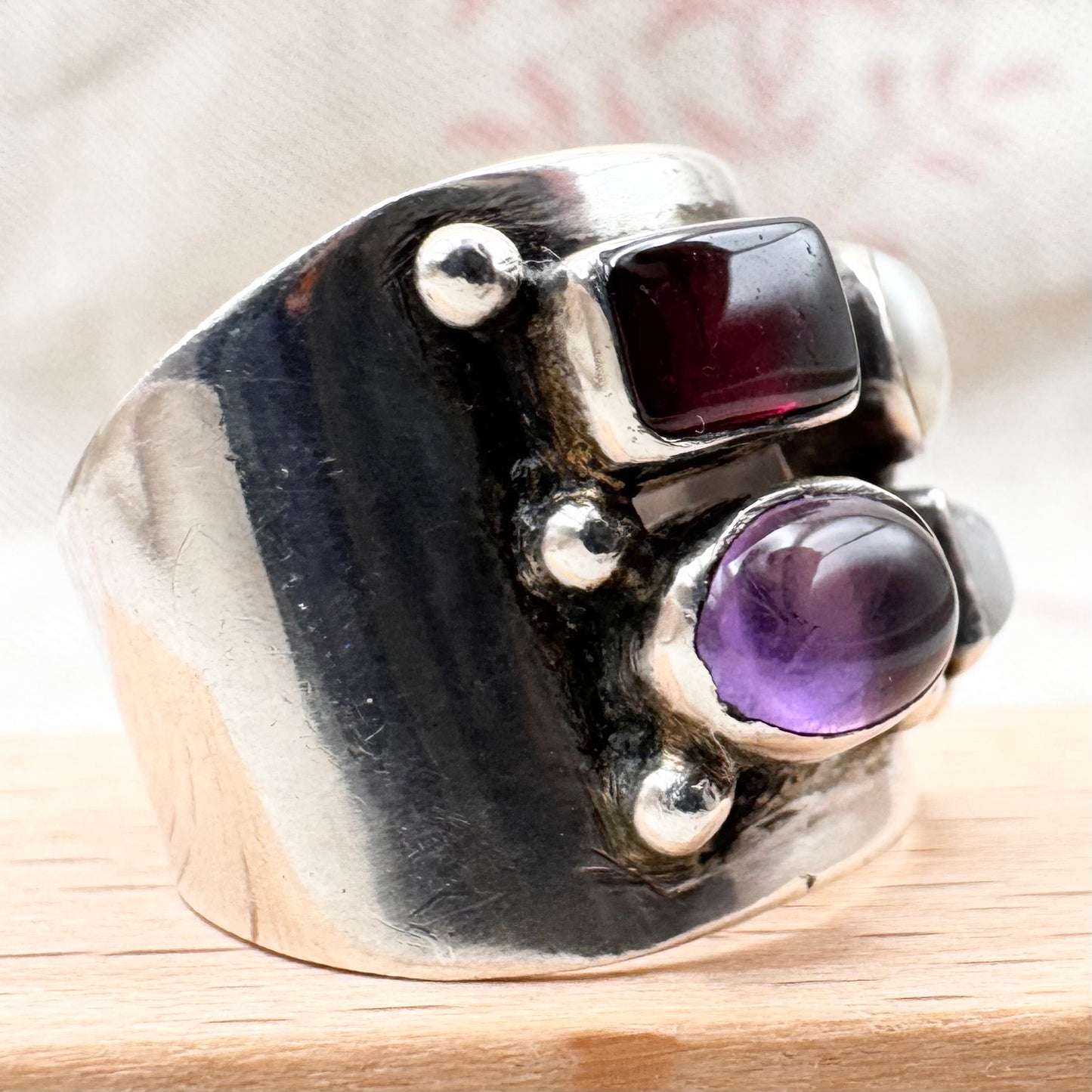 Vintage silver ring with garnet, amethyst, moonstone & pearl, size P (US 7.5)
