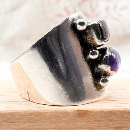 Vintage silver ring with garnet, amethyst, moonstone & pearl, size P (US 7.5)