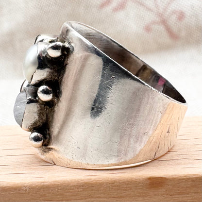 Vintage silver ring with garnet, amethyst, moonstone & pearl, size P (US 7.5)