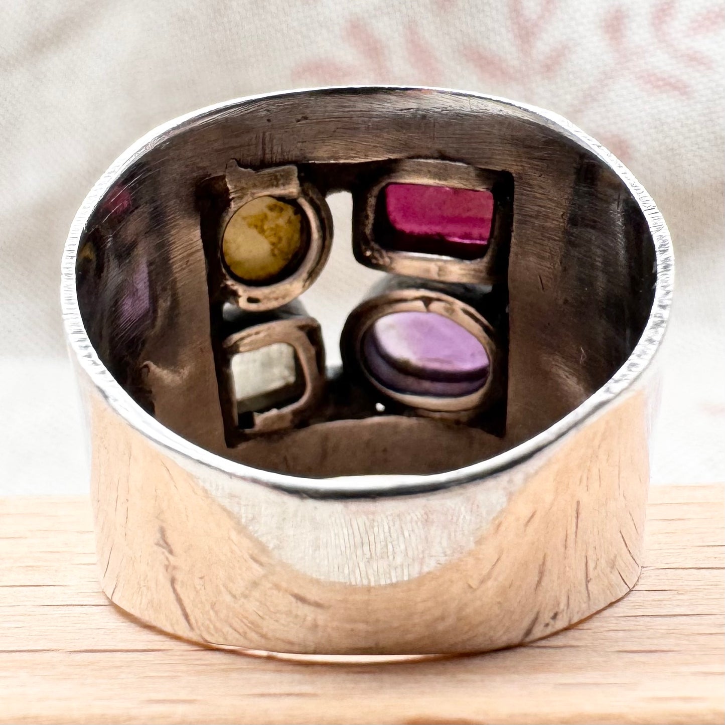 Vintage silver ring with garnet, amethyst, moonstone & pearl, size P (US 7.5)