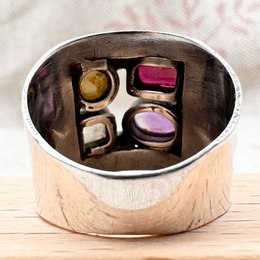 Vintage silver ring with garnet, amethyst, moonstone & pearl, size P (US 7.5)
