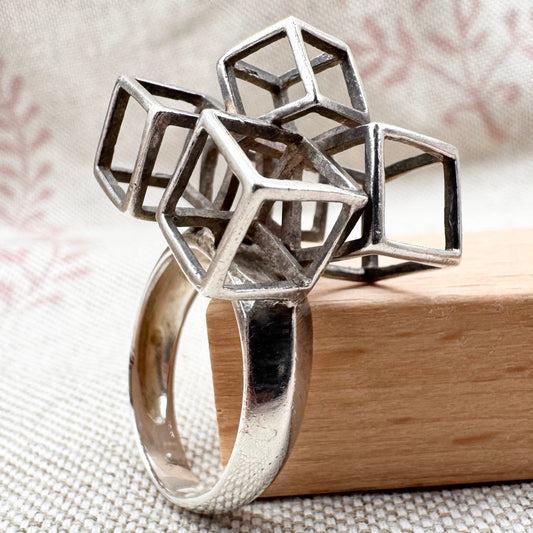 Silver geometric cube ring, size O.5 (US 7.5)
