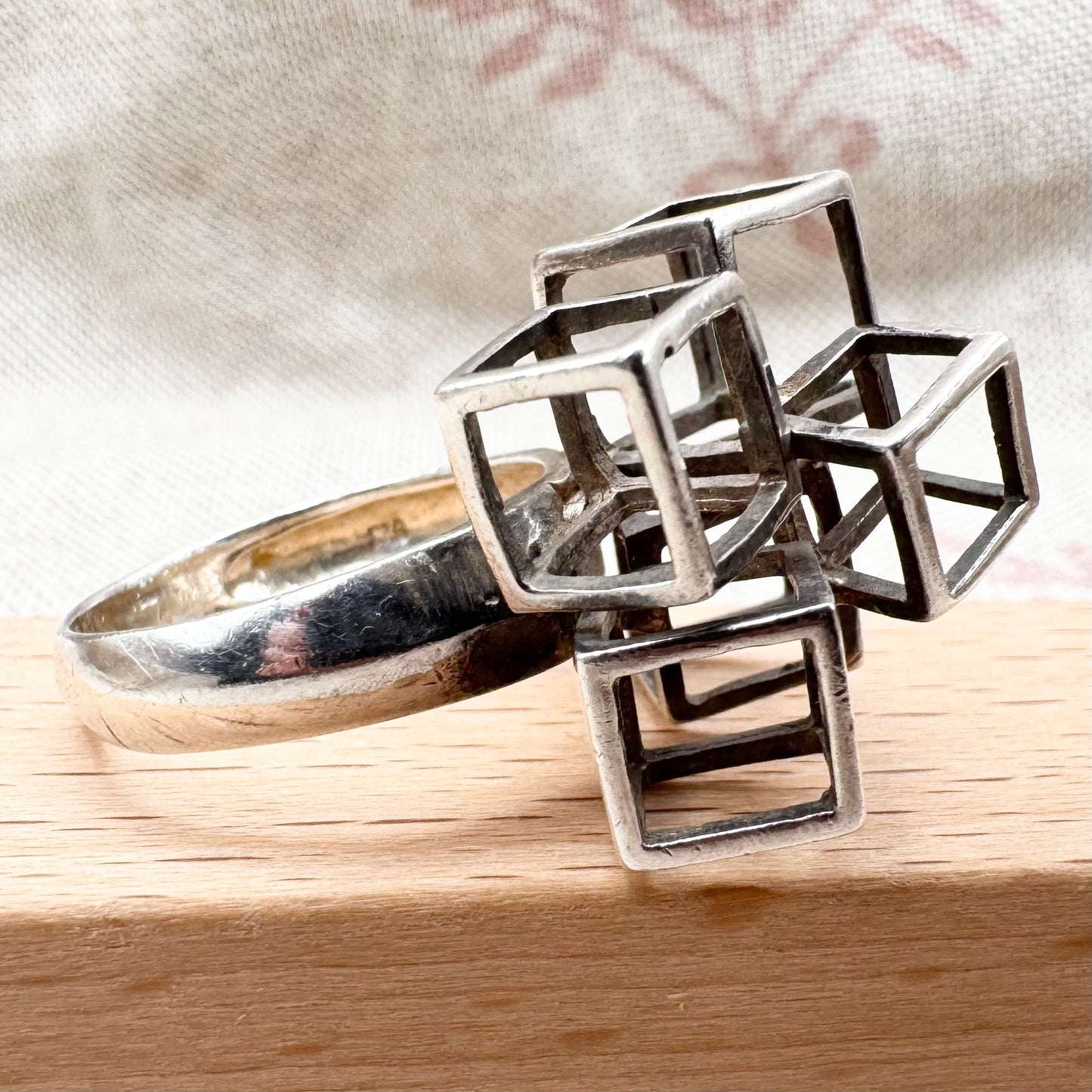 Silver geometric cube ring, size O.5 (US 7.5)