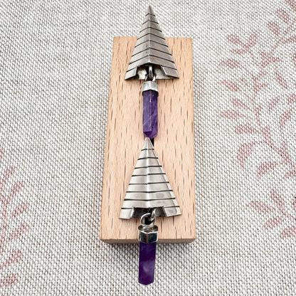 Silver pyramid drop earrings with amethyst points
