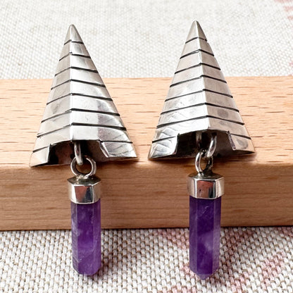 Silver pyramid drop earrings with amethyst points