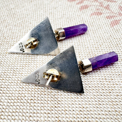 Silver pyramid drop earrings with amethyst points
