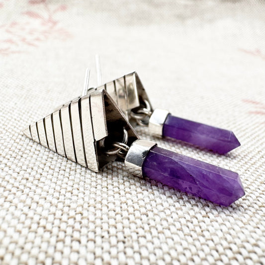 Silver pyramid drop earrings with amethyst points