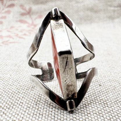 Silver spinner ring with coloured stone panels, adjustable size