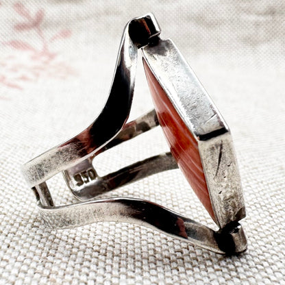 Silver spinner ring with coloured stone panels, adjustable size