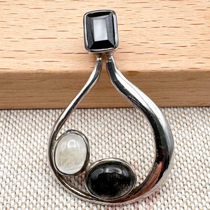 Silver pendant with onyx, moonstone & tourmalinated quartz