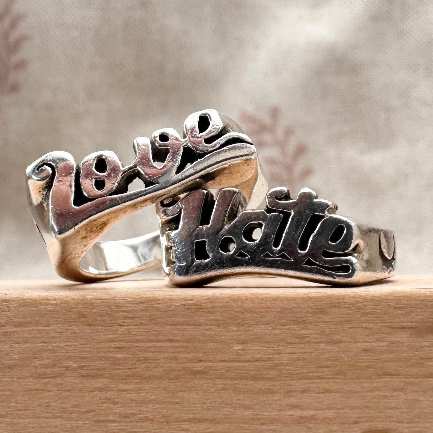 Etah Love silver ‘Love’ & ‘Hate’ rings, size J (US 4.5)