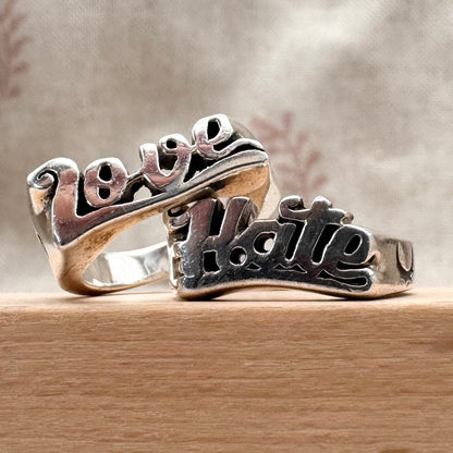 Etah Love silver ‘Love’ & ‘Hate’ rings, size J (US 4.5)