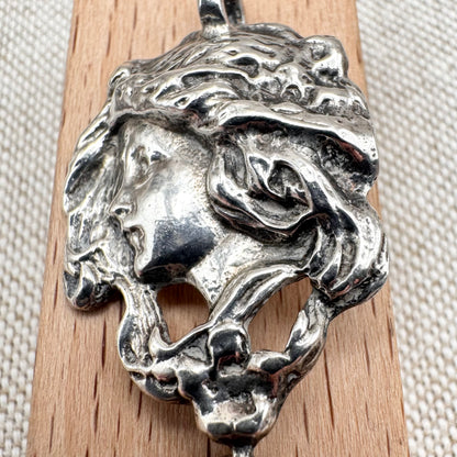 Art Nouveau style silver lady pendant with turquoise drop, hallmarked London 1973