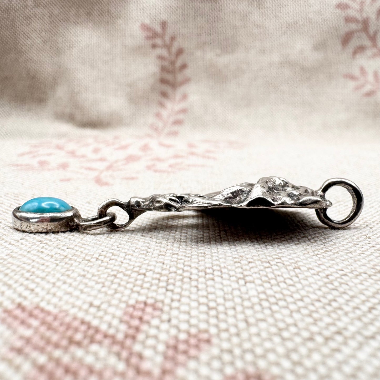 Art Nouveau style silver lady pendant with turquoise drop, hallmarked London 1973