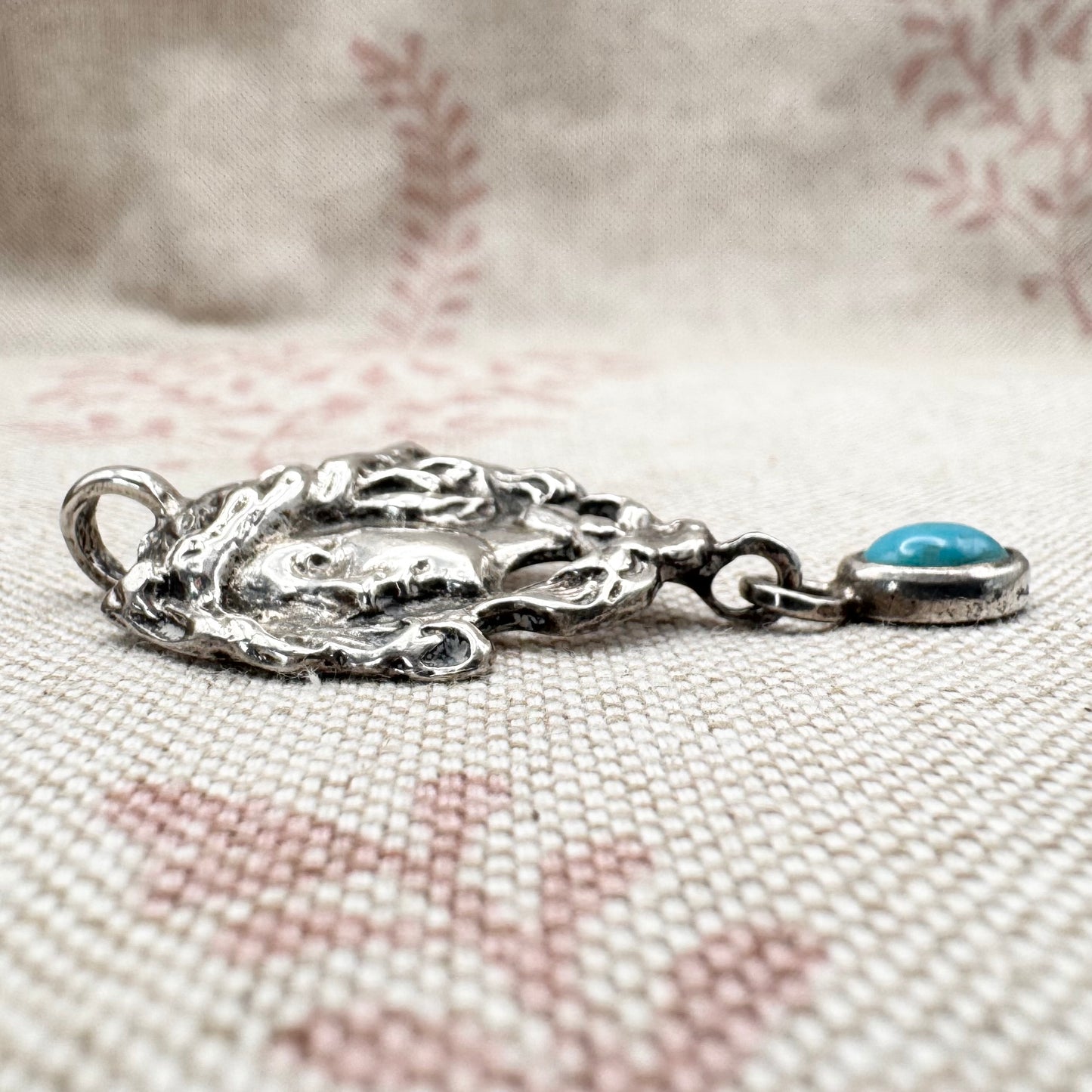 Art Nouveau style silver lady pendant with turquoise drop, hallmarked London 1973